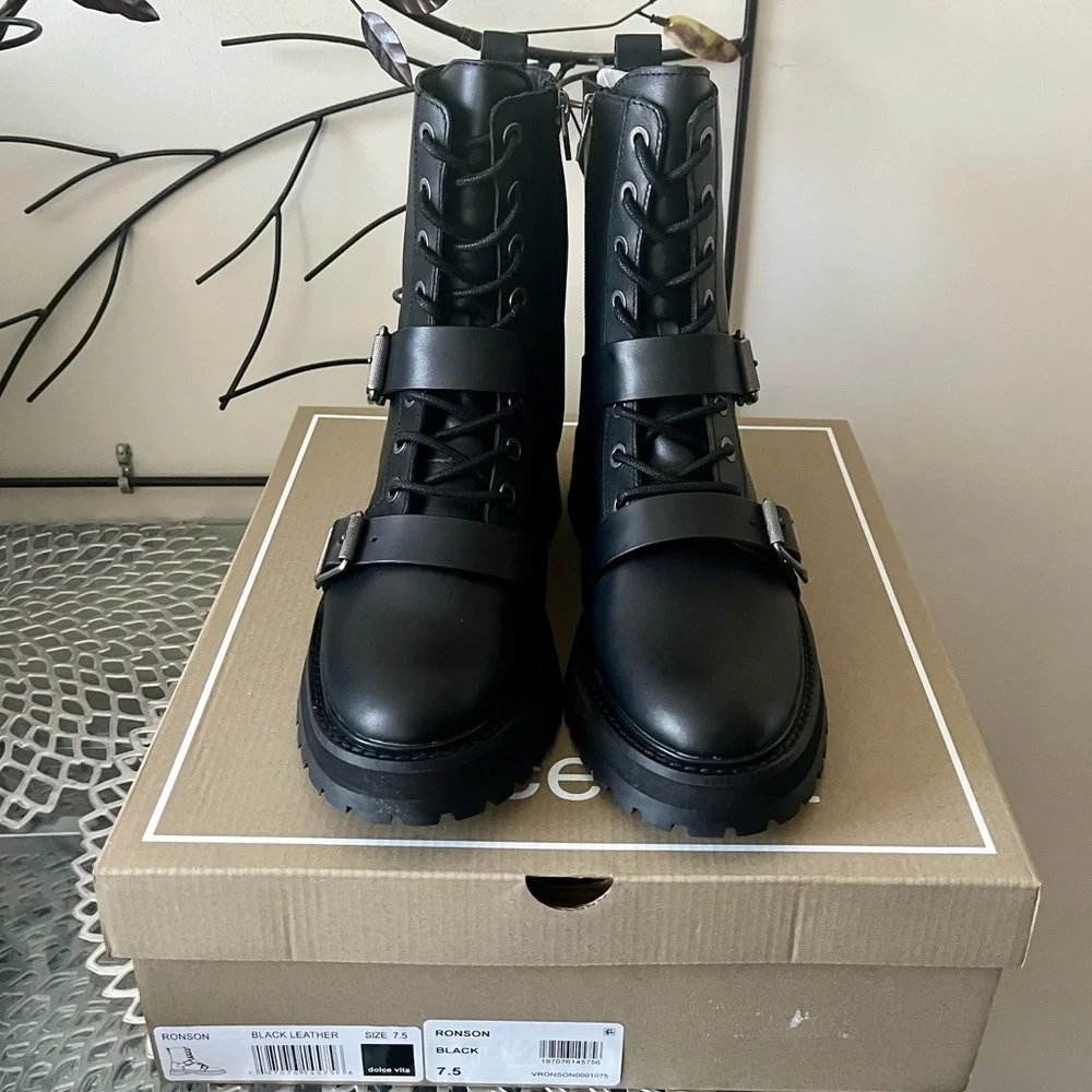 Dolce Vita Ronson Black Leather Lug Sole Lace Up Booties w Buckles Size 7.5 NIB